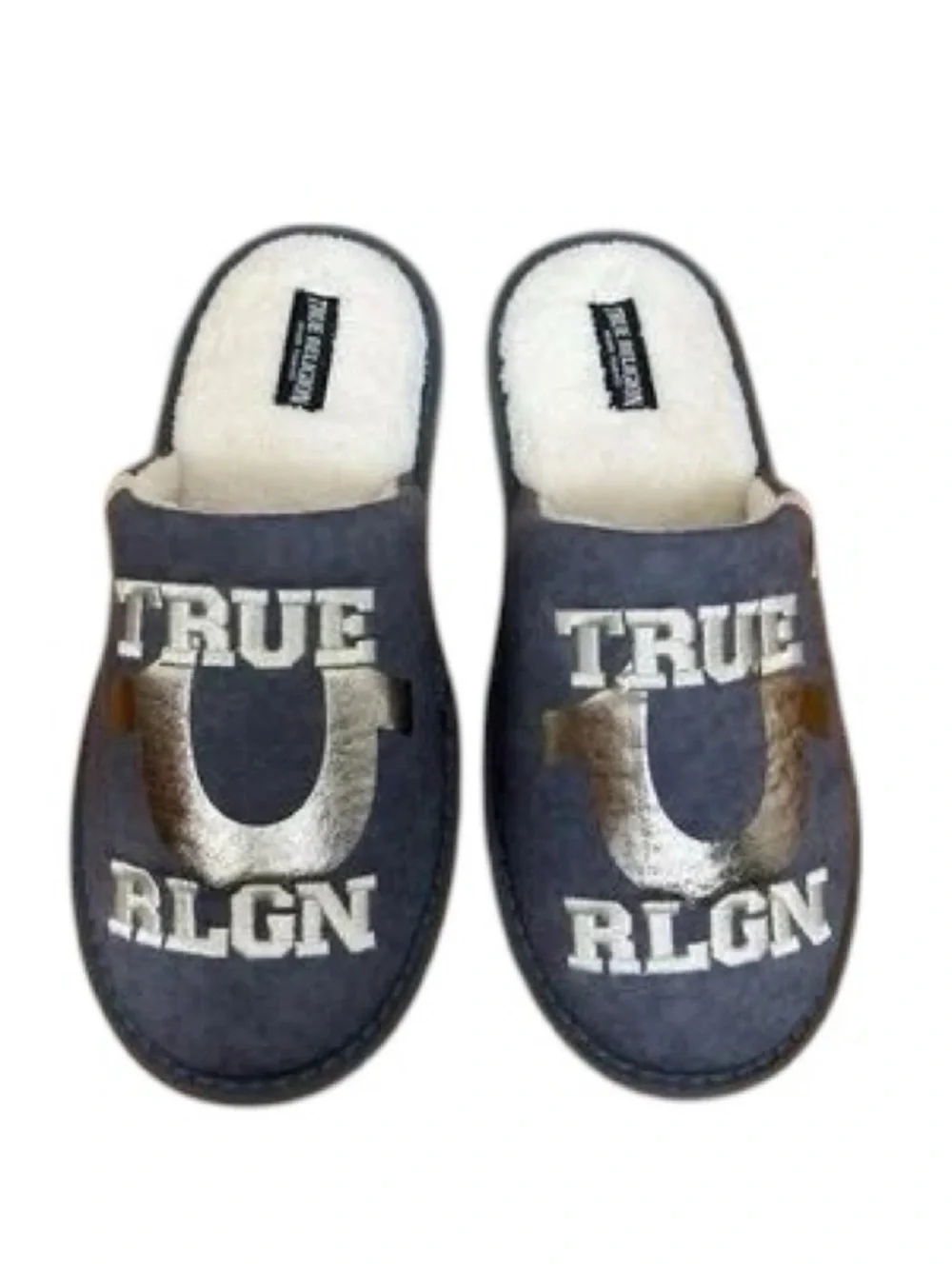Sz 7-8 True Religion Navy Faux-Fur Lined Slide Slippers